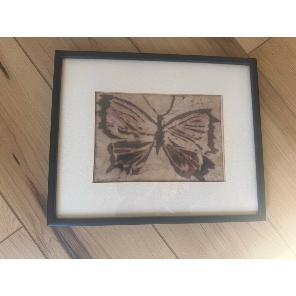 Framed Art Piece Batik-style Butterfly Print in Neutral Earth Tones 10.5x8.5"
